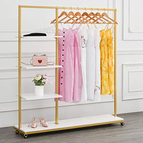 4-Tier Standing Display Clothing Racks on Wheels with Metal Pipes&Wood Shelves/59���