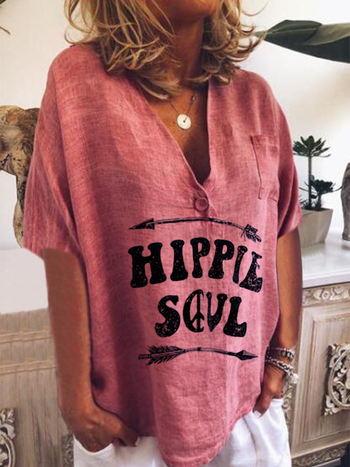 V Neck Short Sleeve Cotton-Blend Shirts & Tops