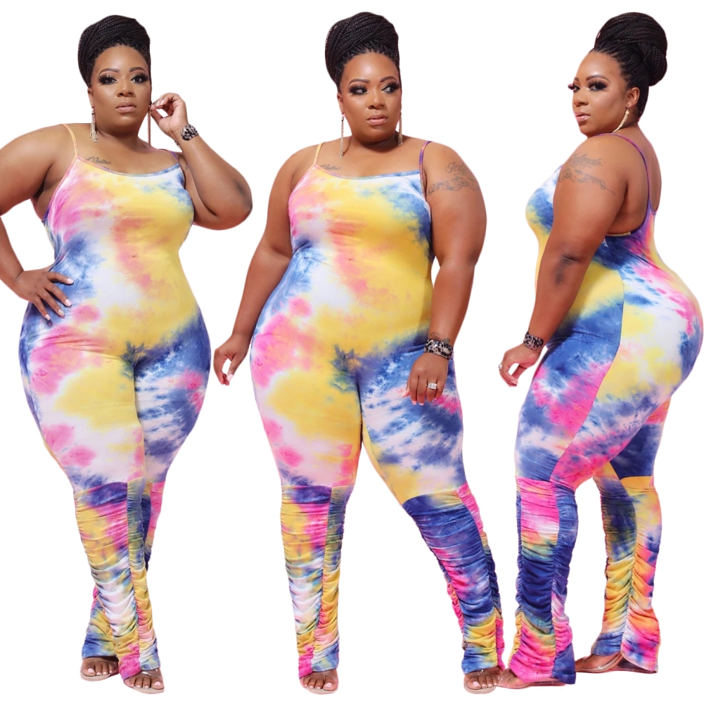 Plus Size Tie Dye Strap Stacked Jumpsuit