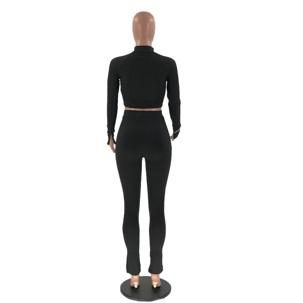 Autumn Letter Print Ribbed Zipped Top and Pants Set