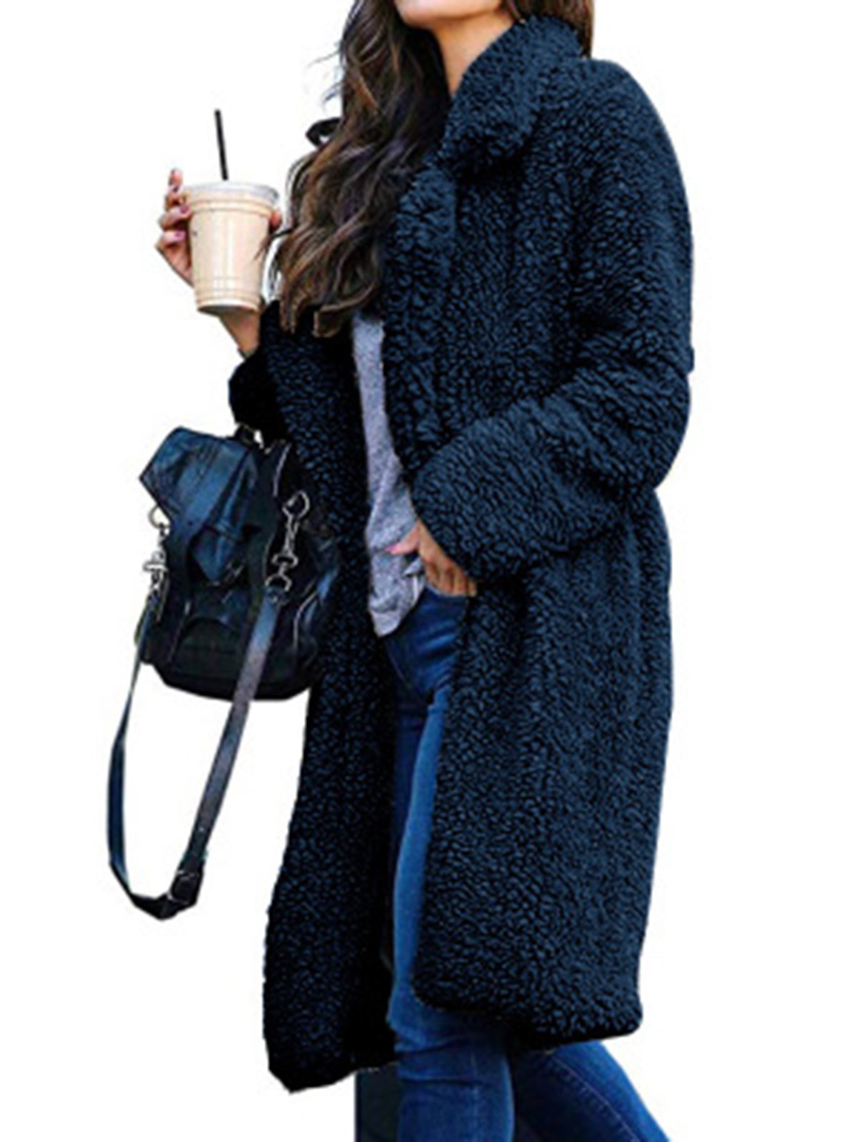 Plus Size Casual Solid Long Sleeve Fluffy Coat