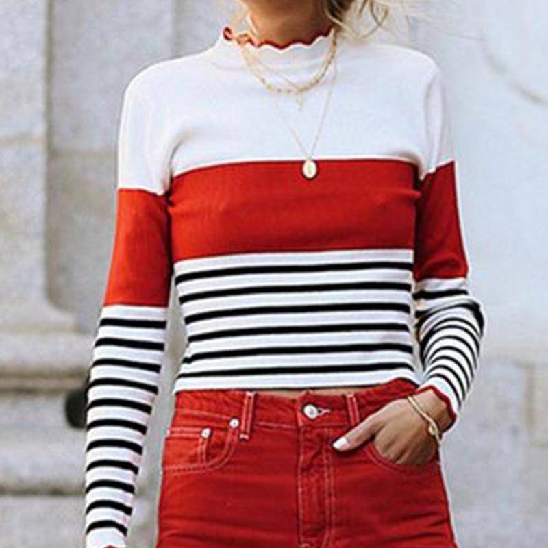 Striped Contrast Round Neck Lotus Leaf Knit   Sweater