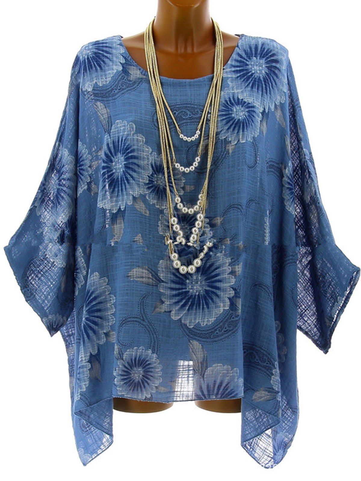 3/4 Sleeve Crew Neck Printed/Dyed Plus Size Floral Blouse