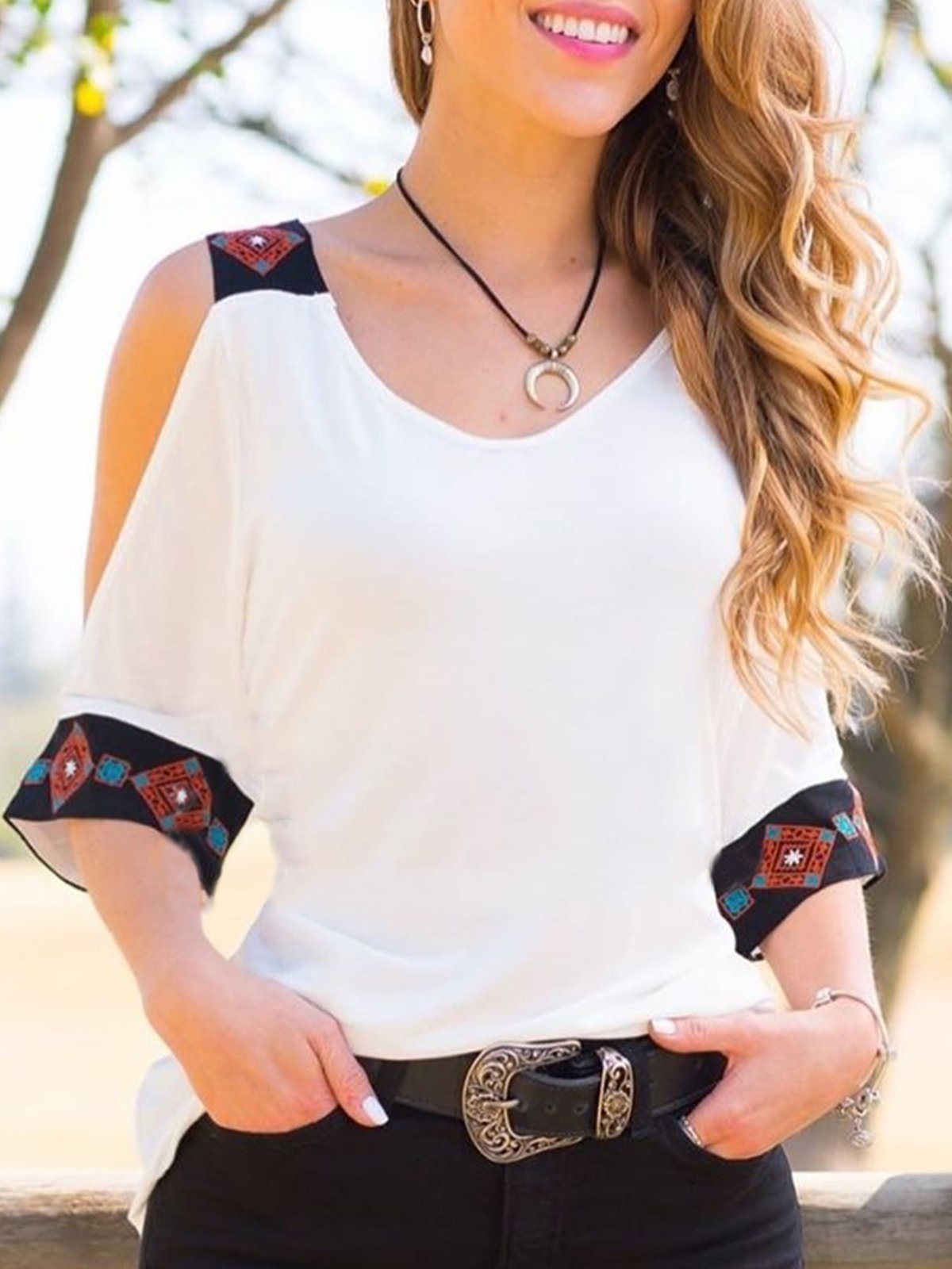 Vintage Boho Geometric Plus Size Half Sleeve Casual Tops