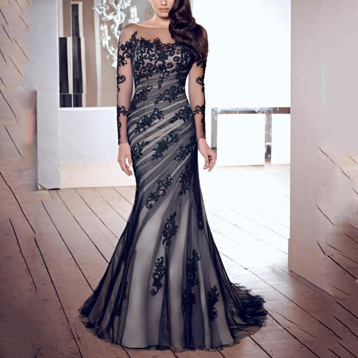 Fashion Lace Gauze Slim Evening Dress