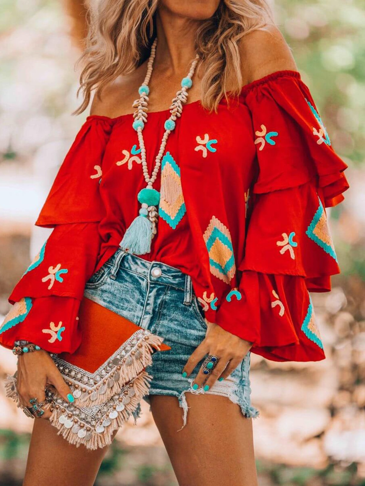 Red Floral-Print Sweet Off Shoulder Causal Tops