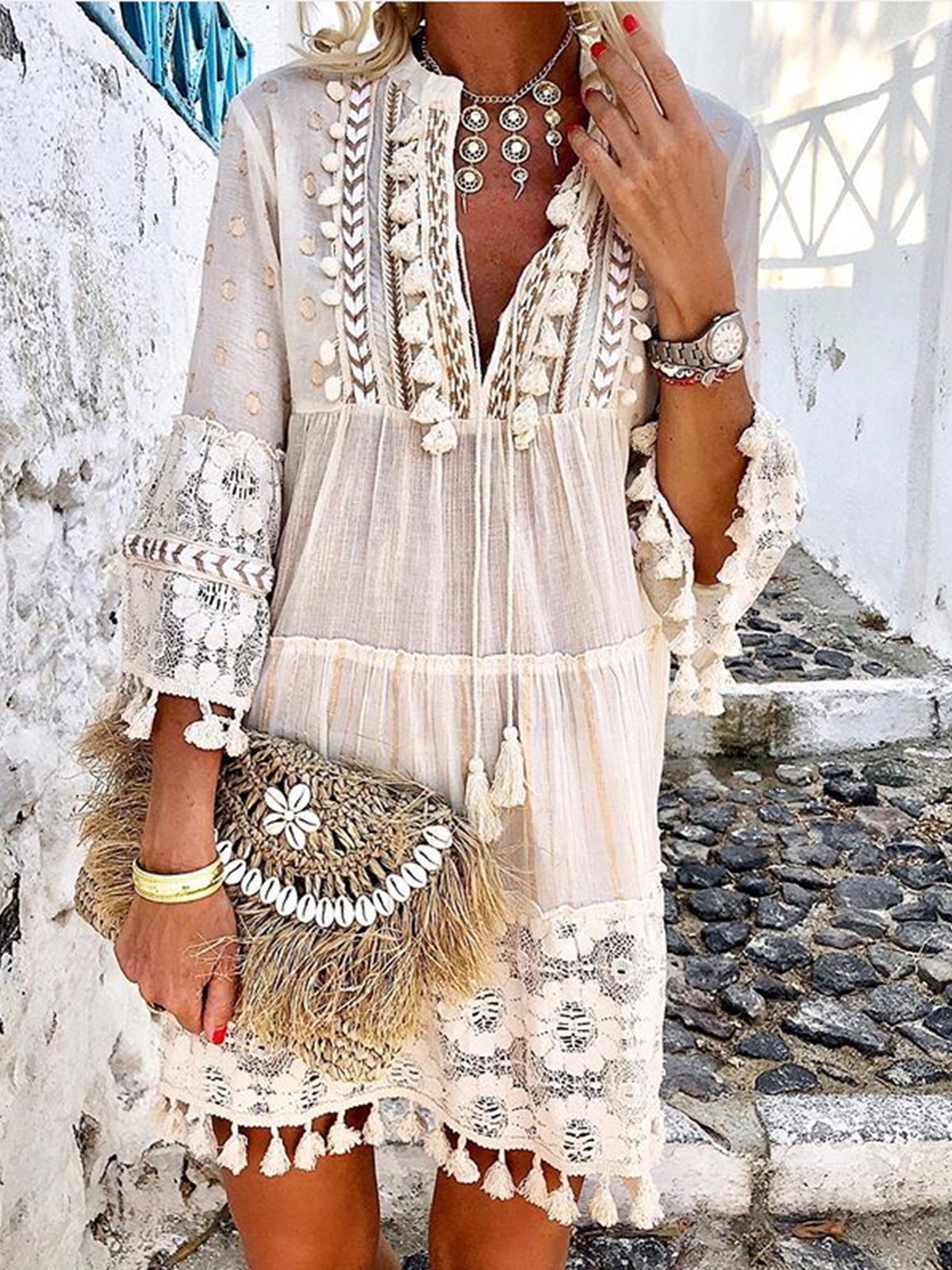 3/4 Sleeve V Neck Holiday Boho Dresses