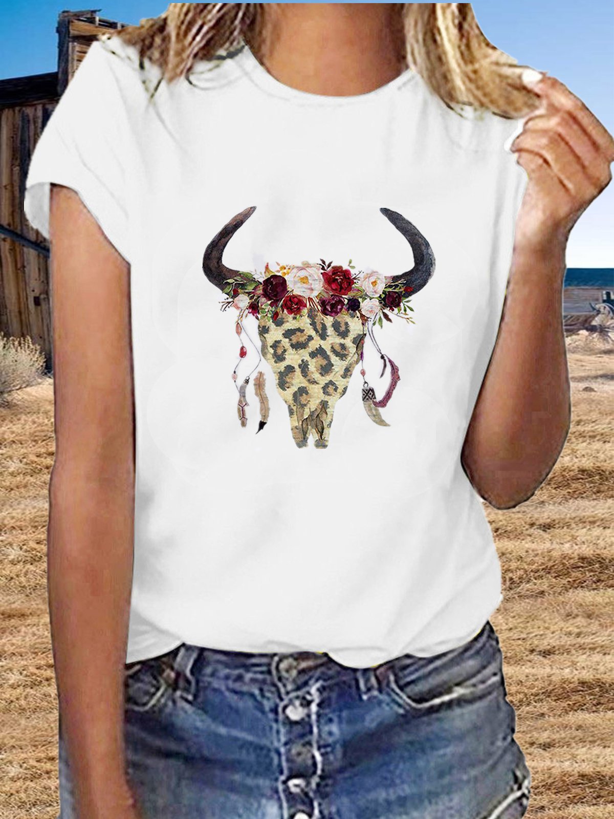 Vintage Short Sleeve Boho Horns Floral Printed Plus Size Casual Tops