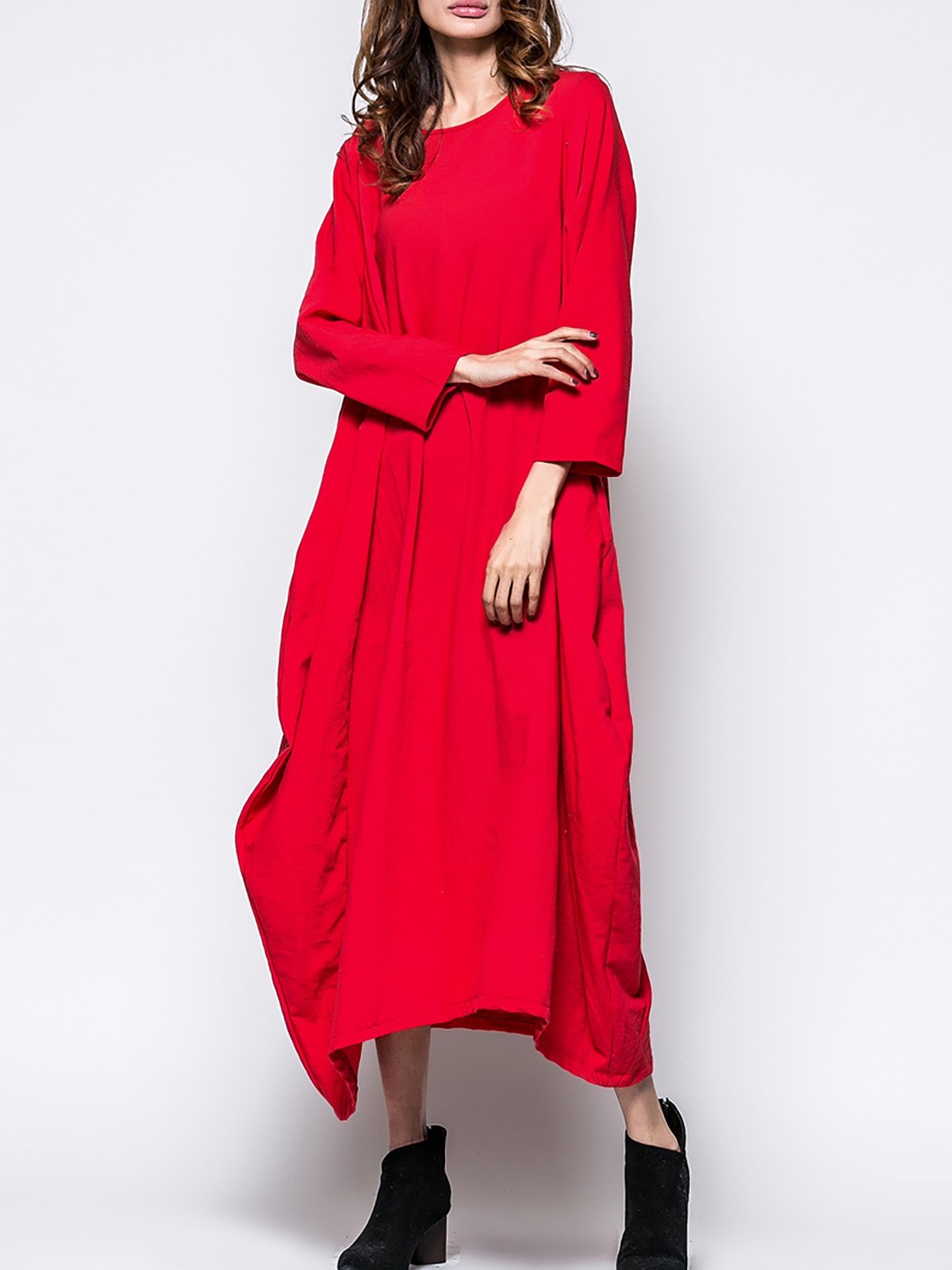 Crew Neck Women Fall Dress Cocoon Daily Paneled Solid Dress