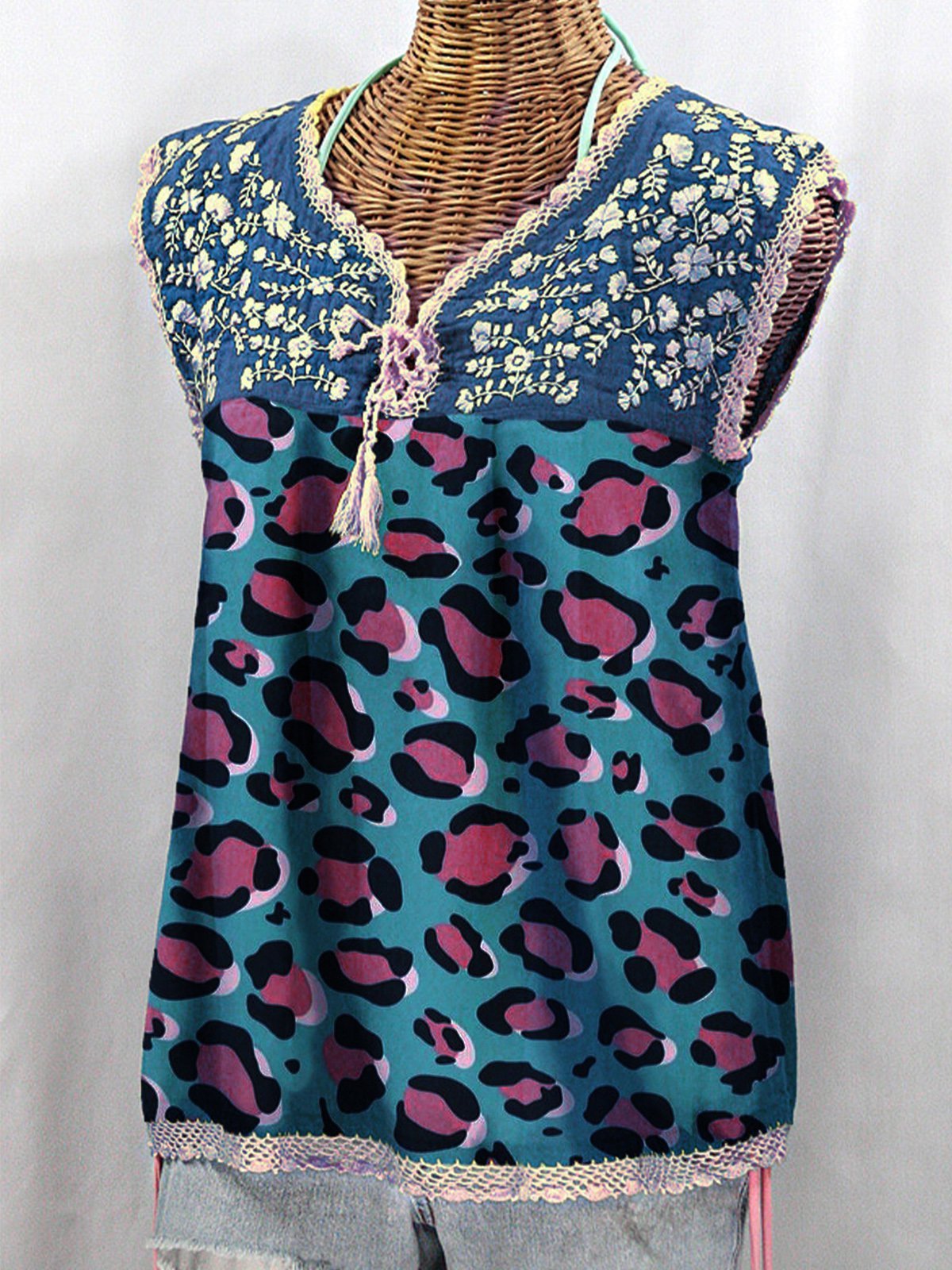 Leopard Sleeveless Cotton-Blend Vintage Shirts & Tops