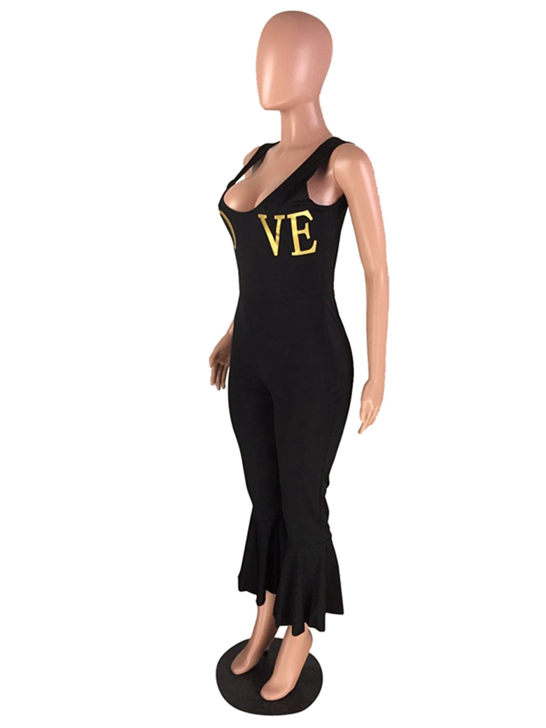 Print Black Bell Bottom Halter Jumpsuit