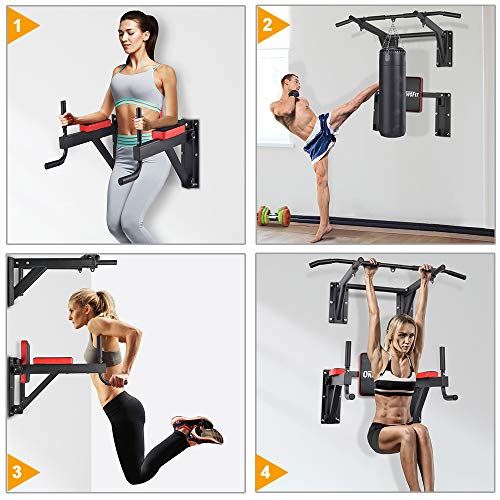 ONETWOFIT Multifunctional Wall Mounted Pull Up Bar Power Tower Set Chin Up Station Home Gym- Black & Red