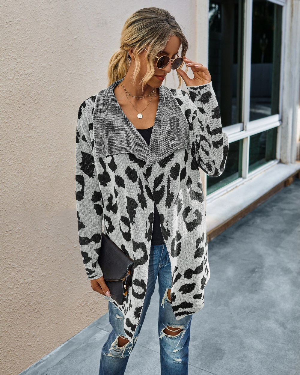 Falls Turndown Collar Irregular Leopard Cardigans
