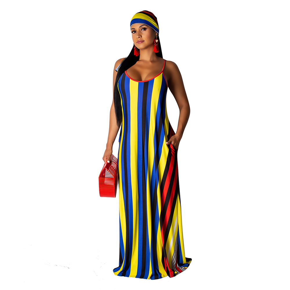 Colorful Stripes Strap Long Dress with Belt