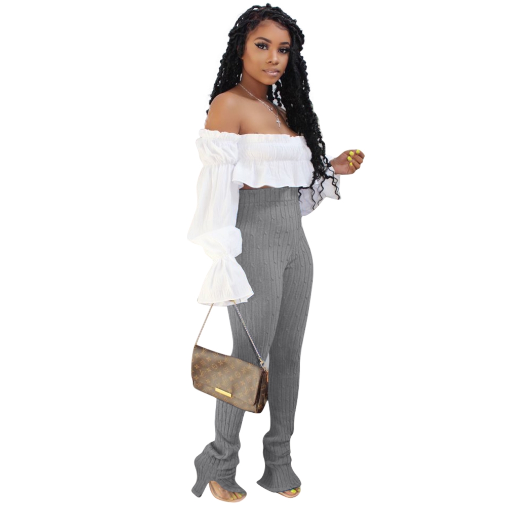 Sexy Off Shoulder Ruffle Crop Top and High Waist Slit Pants