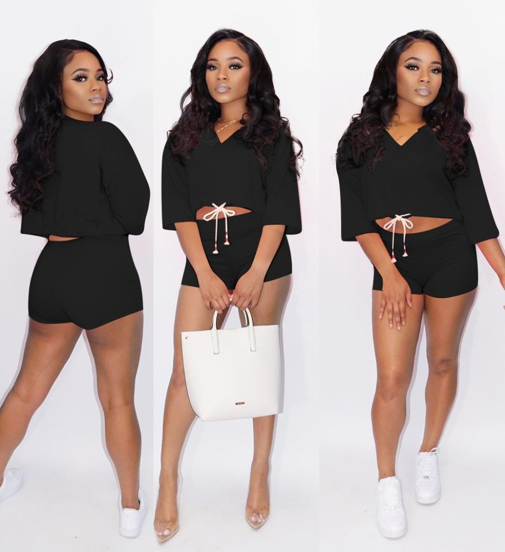 Summer Casual Two Piece Solid Color Biker Short Set