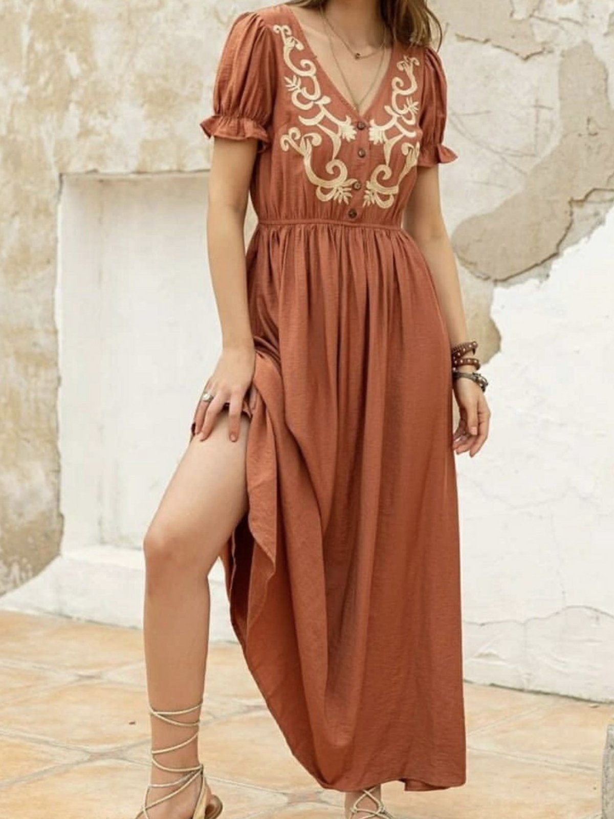 Boho Romantic Short Sleeve Cotton-Blend Dresses
