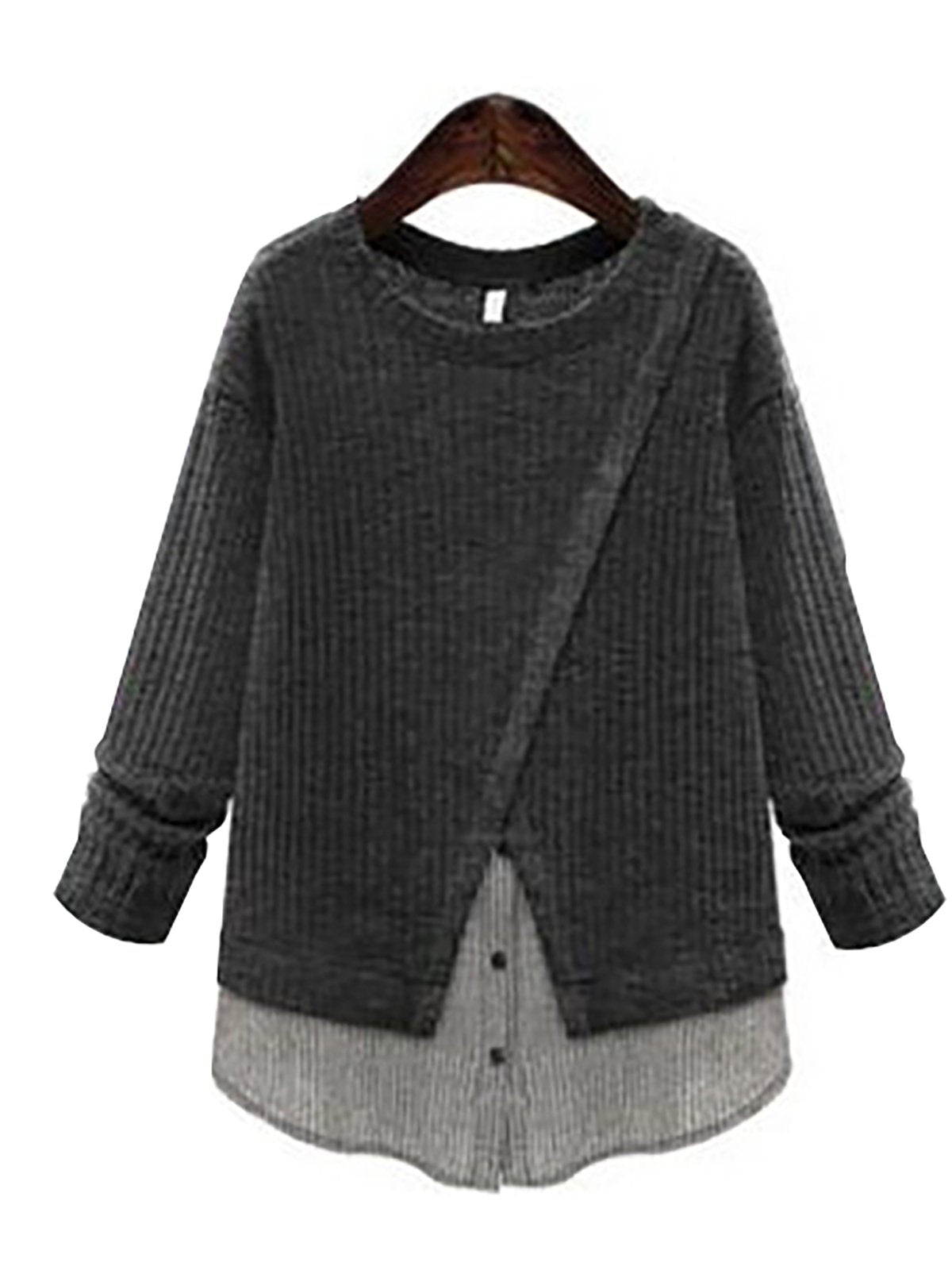 Solid Crew Neck Elegant Long Sleeve Paneled Blouse