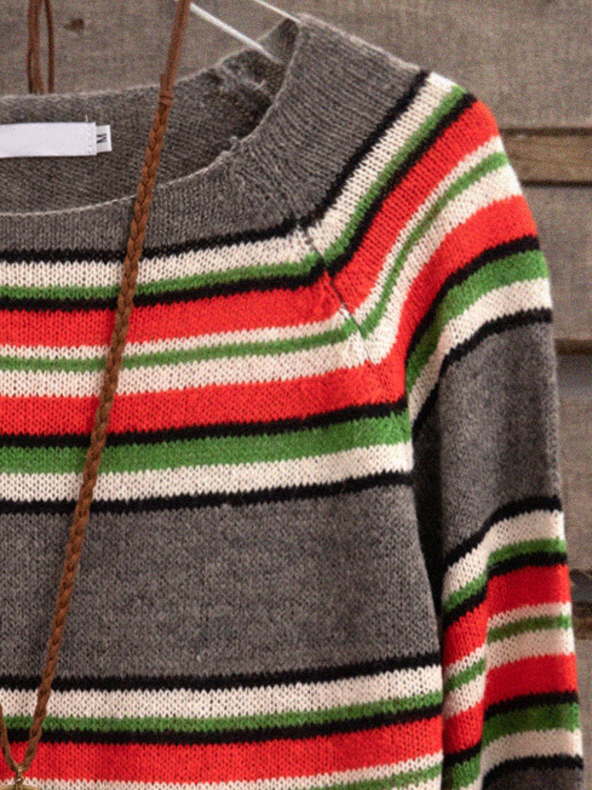 Green Knitted Long Sleeve Crew Neck Shirts & Tops