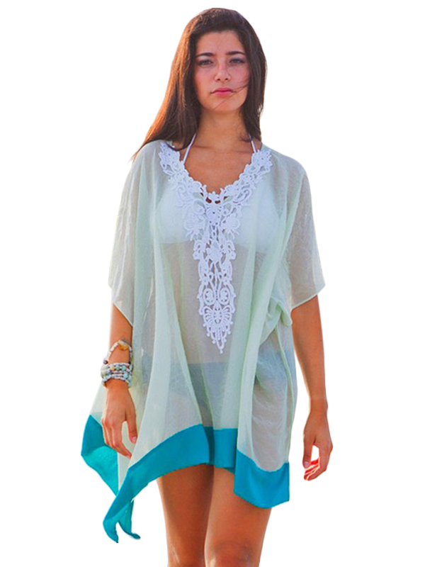 Embroidered V Neck Tulle Beach Cover-up