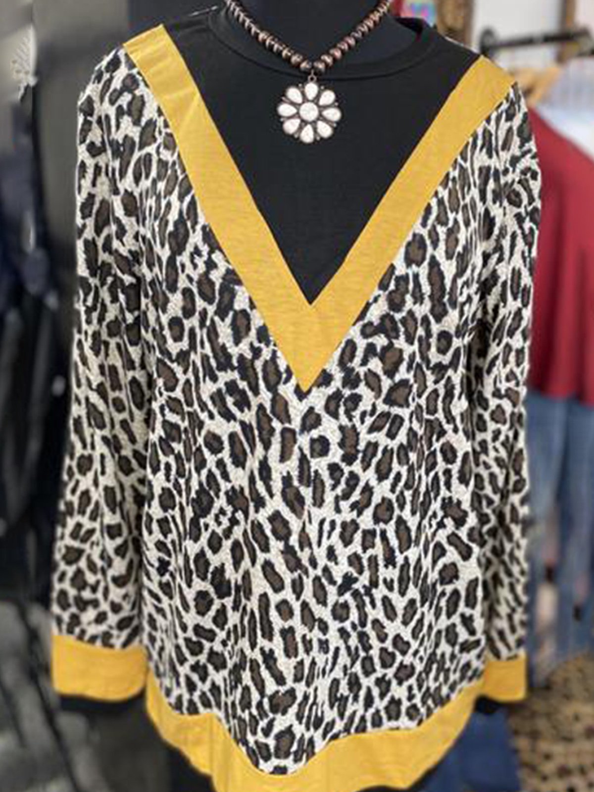 Leopard Floral-Print Long Sleeve Shirts & Tops