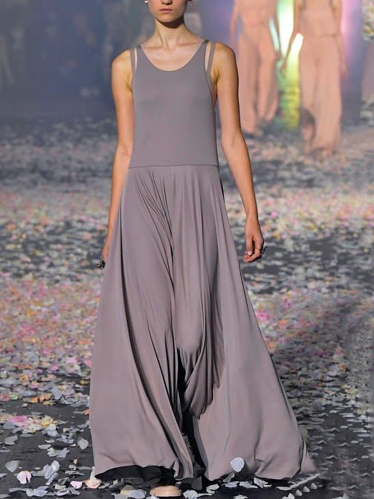 Vintage Sleeveless Crew Neck Solid Dresses