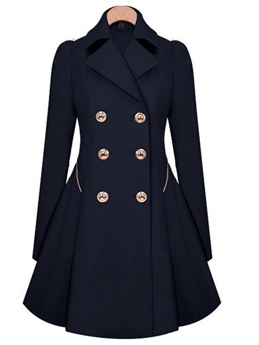 Women Peplum Coat Solid Color Double Breasted Pea Coat