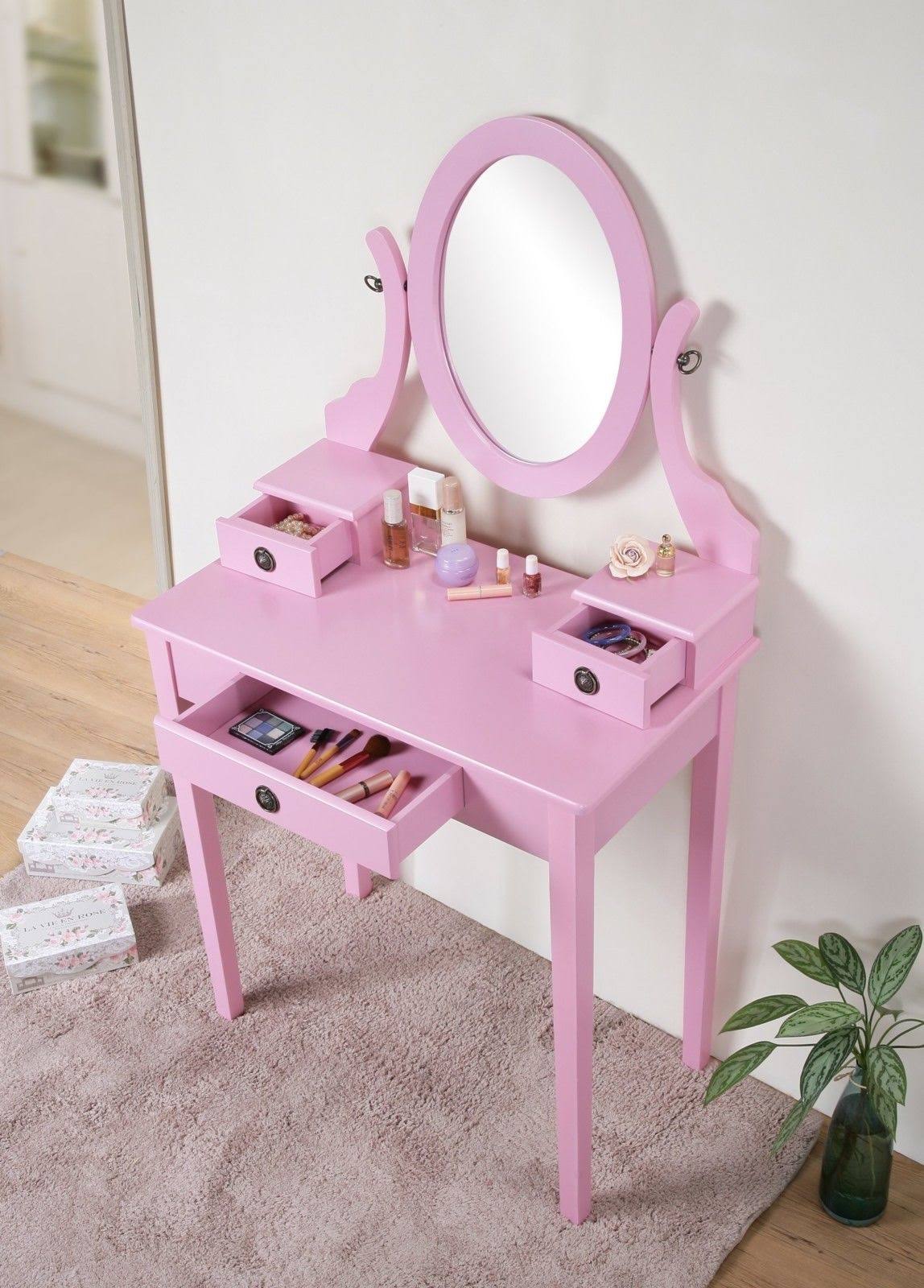 Roundhill Furniture Moniya Wood Vanity Table and Stool Set, Pink