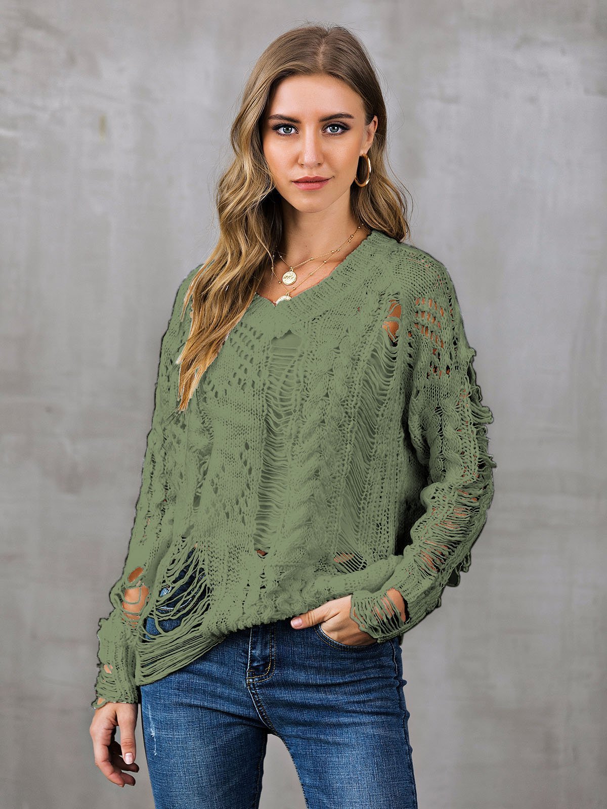 V Neck Casual Long Sleeve Ripped Sweaters