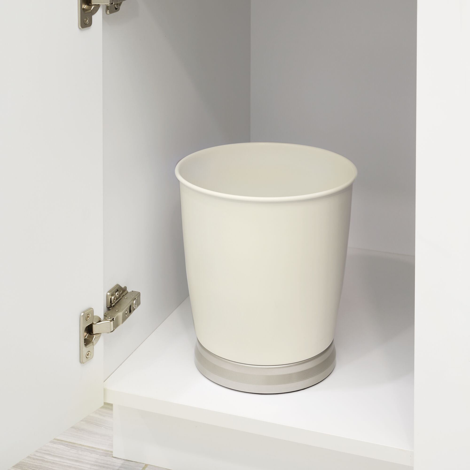 iDesign Bexley Ceramic Round Waste Basket, Matte Coconut/Satin Silver