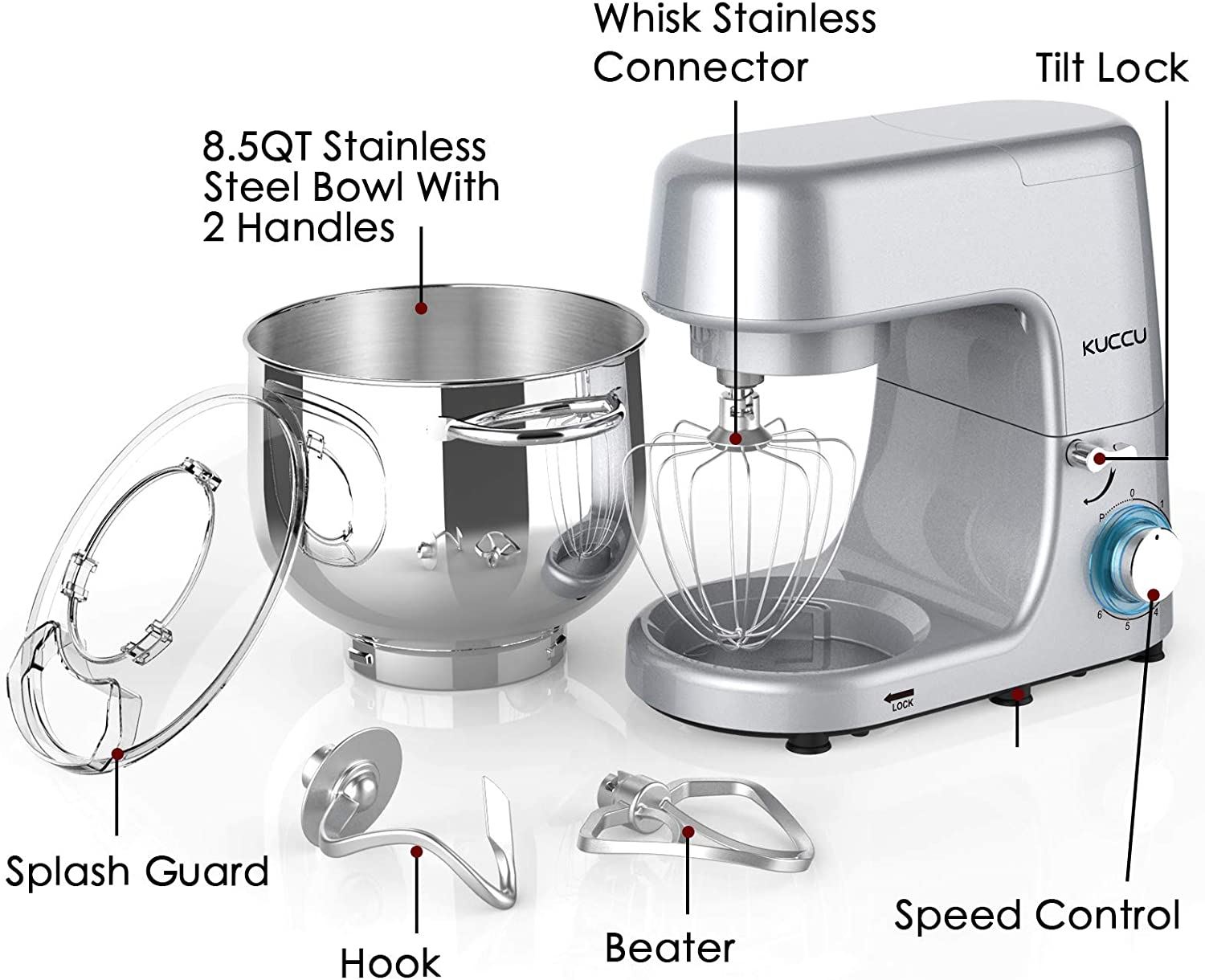 Kuccu Stand Mixer, 8.5 Qt 660W, 6-Speed Tilt-Head Food Dough Mixer,8.5-QT / Silver