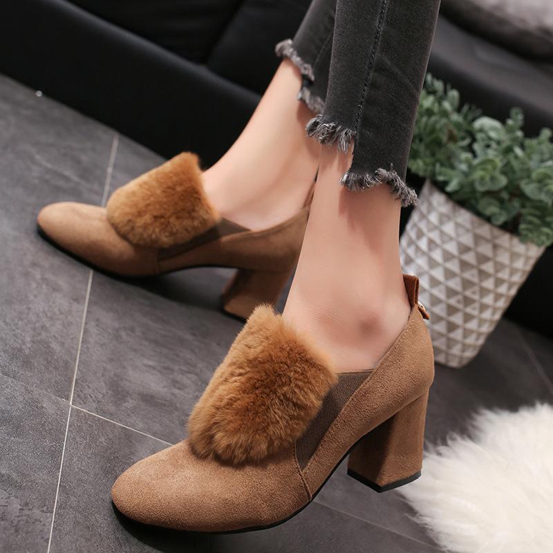 Elegant High Chunky Heel Shoes Flurry Dress Suede Pumps