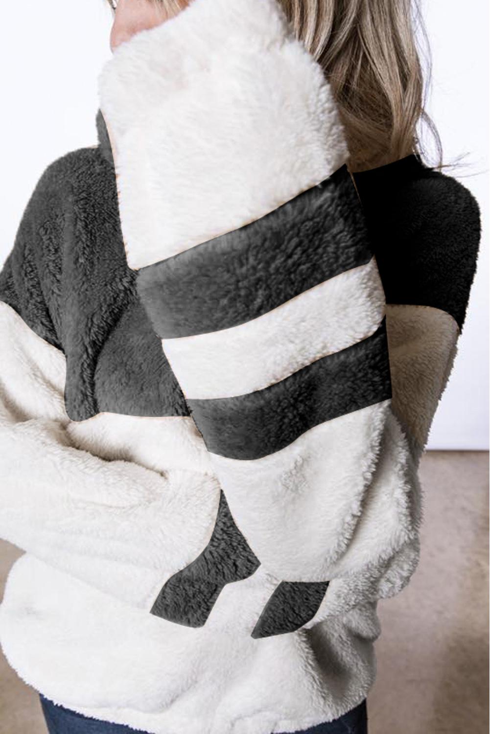 Gray Colorblock Furry Zipped Pullover Sweatshirt Outwear