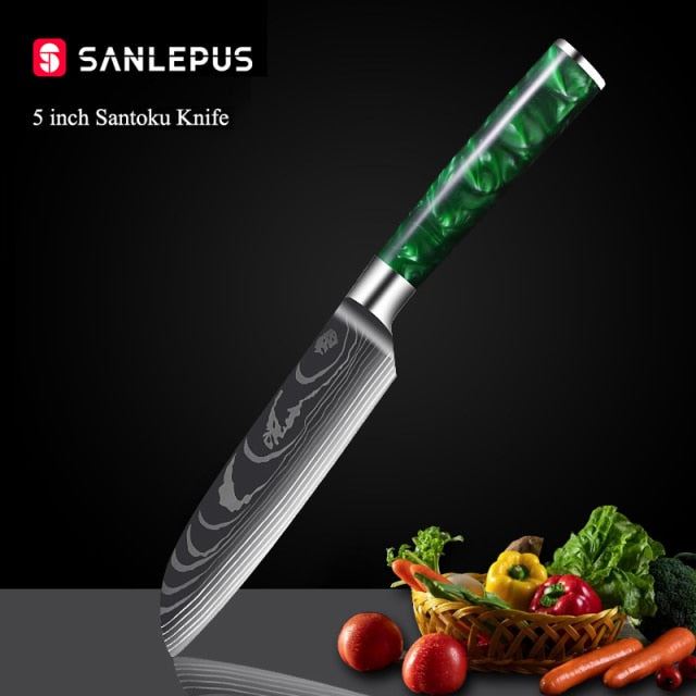 1-10 Pcs Chef Knife Set Kitchen Knives Laser Damascus Pattern Sharp Japanese Santoku Knife