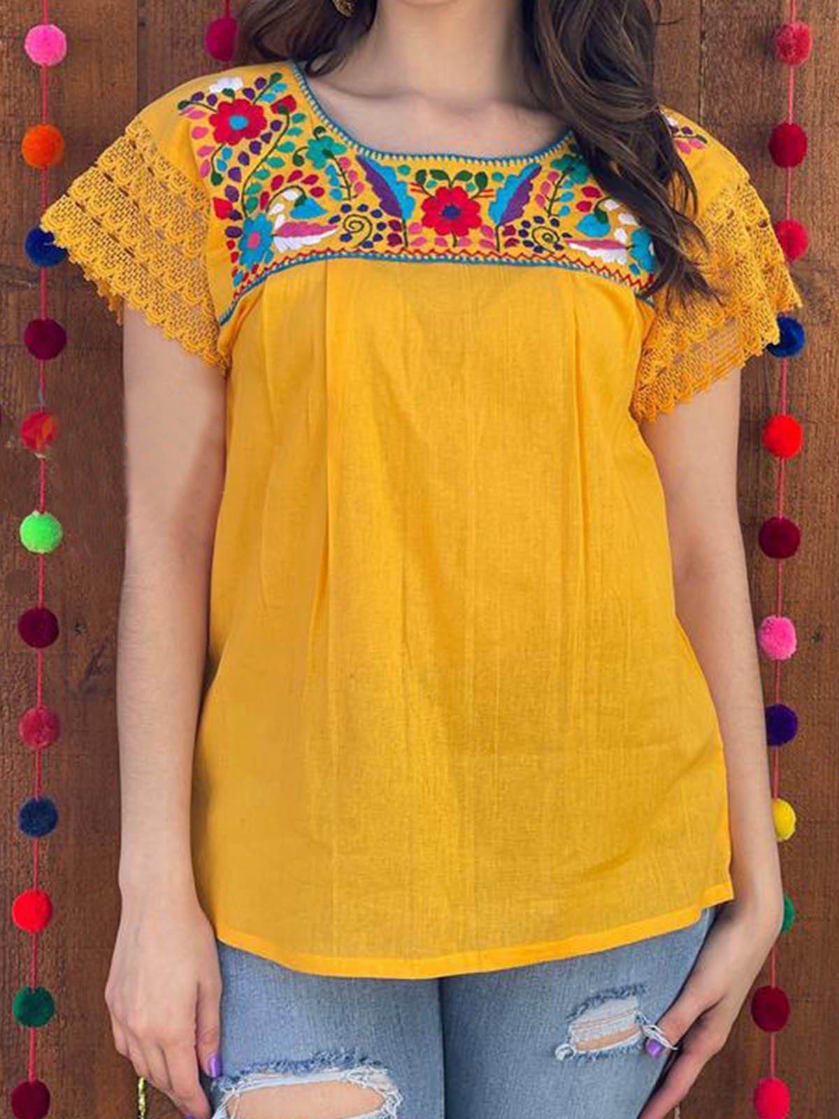 Short Sleeve Casual Crew Neck Floral Shirts & Tops