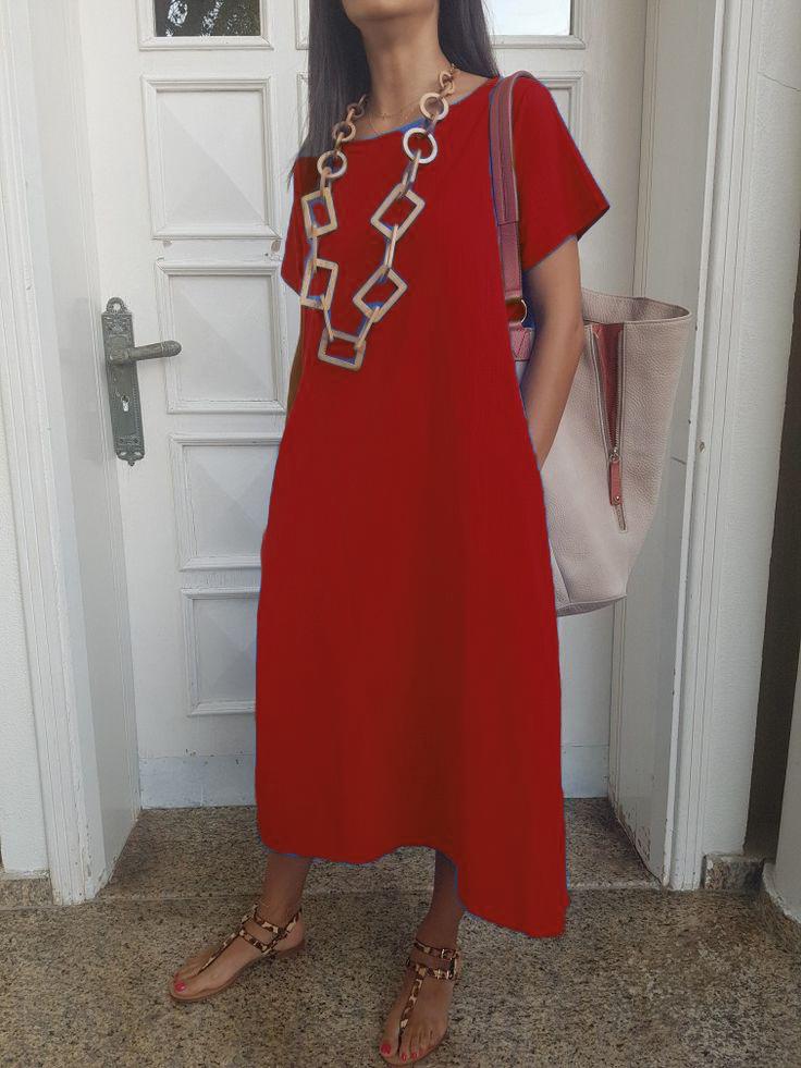 Solid Short Sleeve Cotton-Blend Dresses