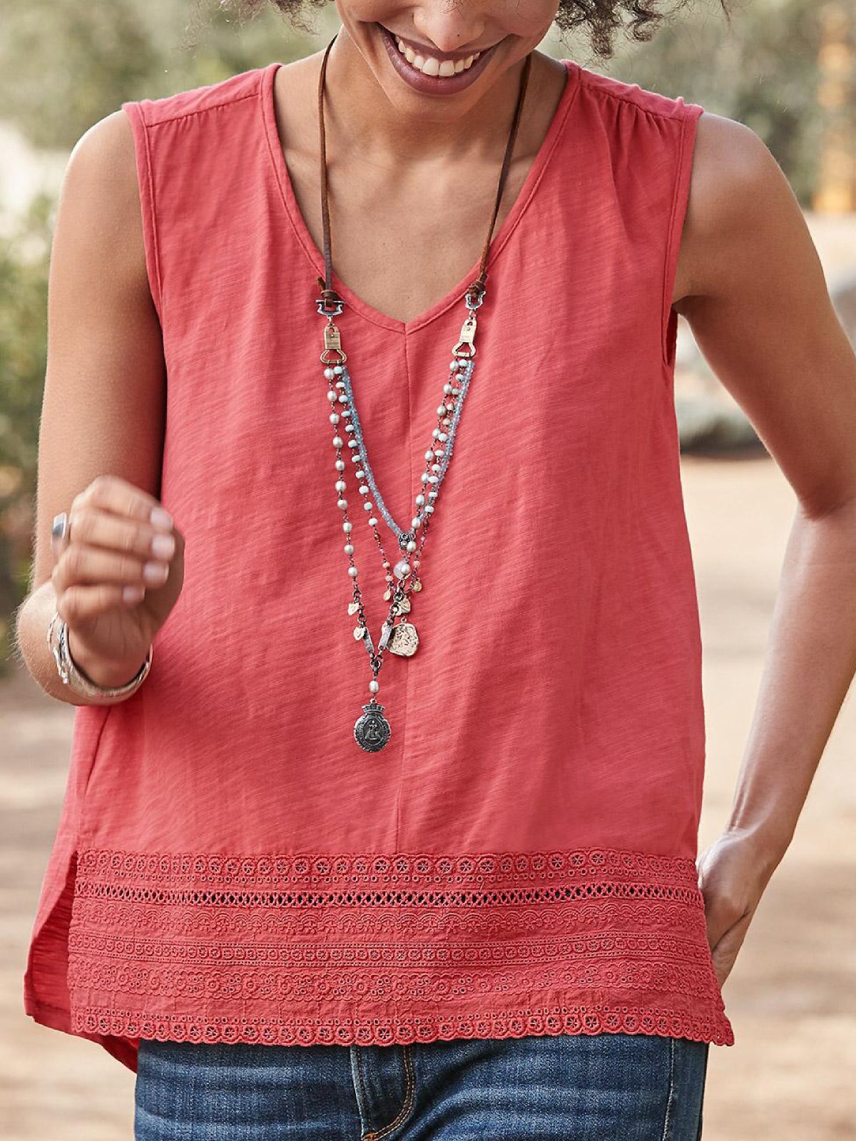 V Neck Solid Hollowed Sleeveless Shirts & Tops