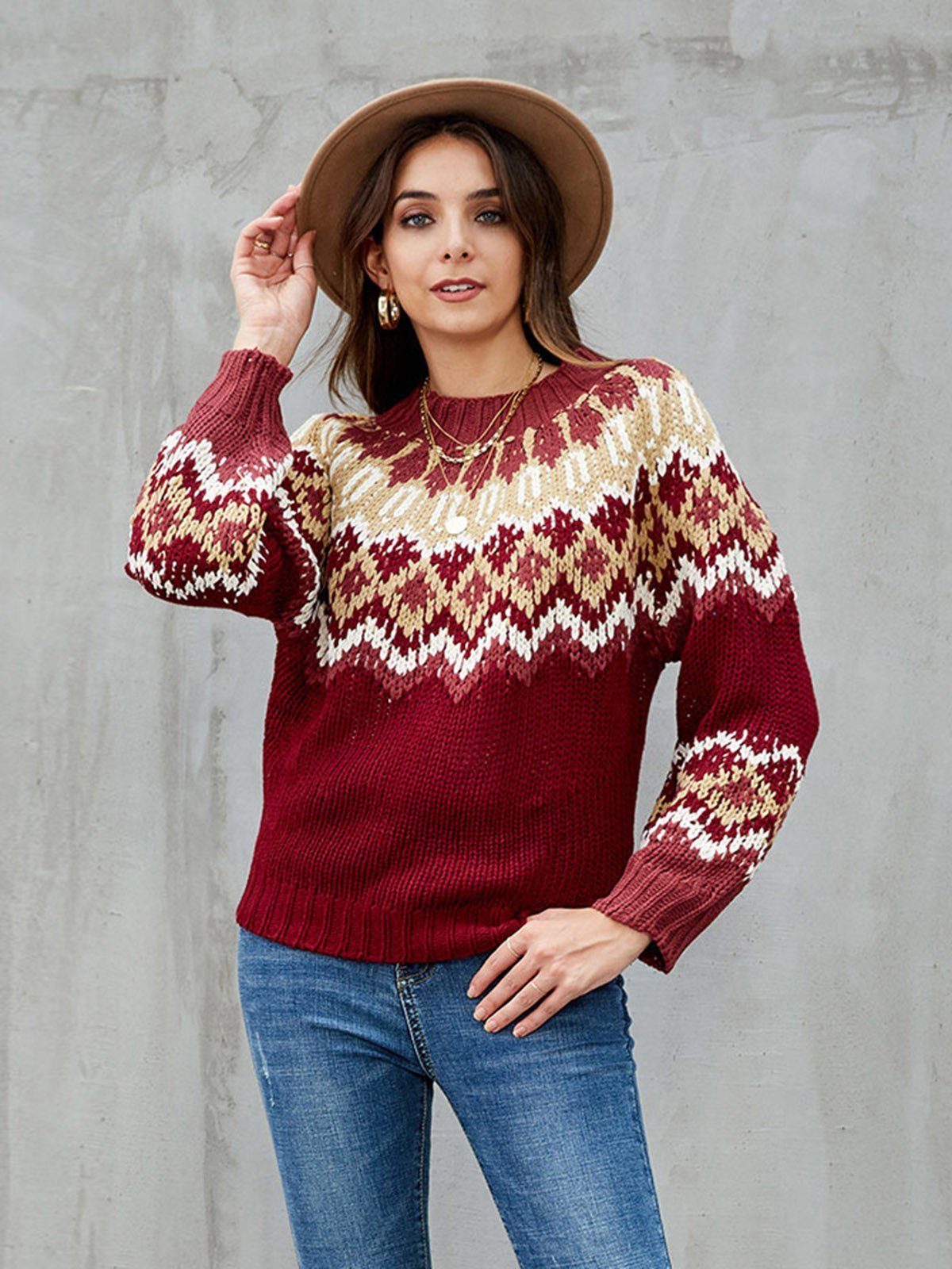 Burgundy Casual Tribal Knitted Acrylic Sweaters
