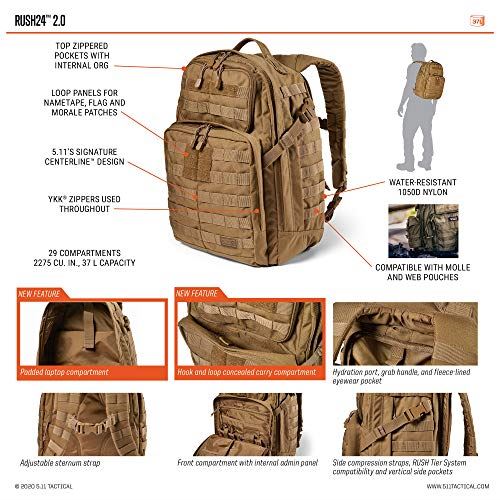5.11 Tactical Backpack ?Rush 24 2.0 ?Military Molle Pack, CCW and Laptop Compartment