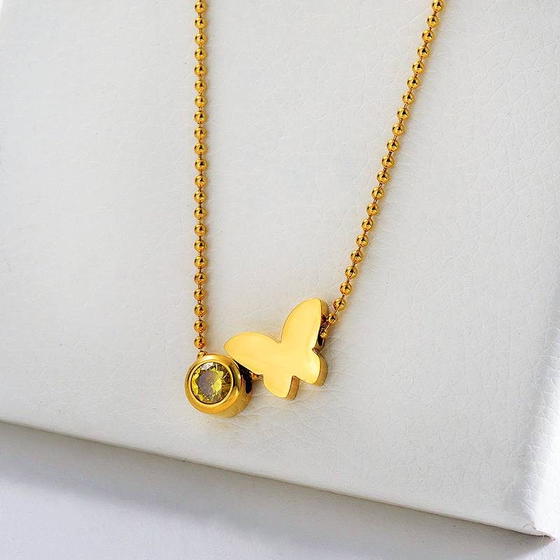 New Design Gold Butterfly With Yellow Zircon Charm Bead Chain Necklace For Women