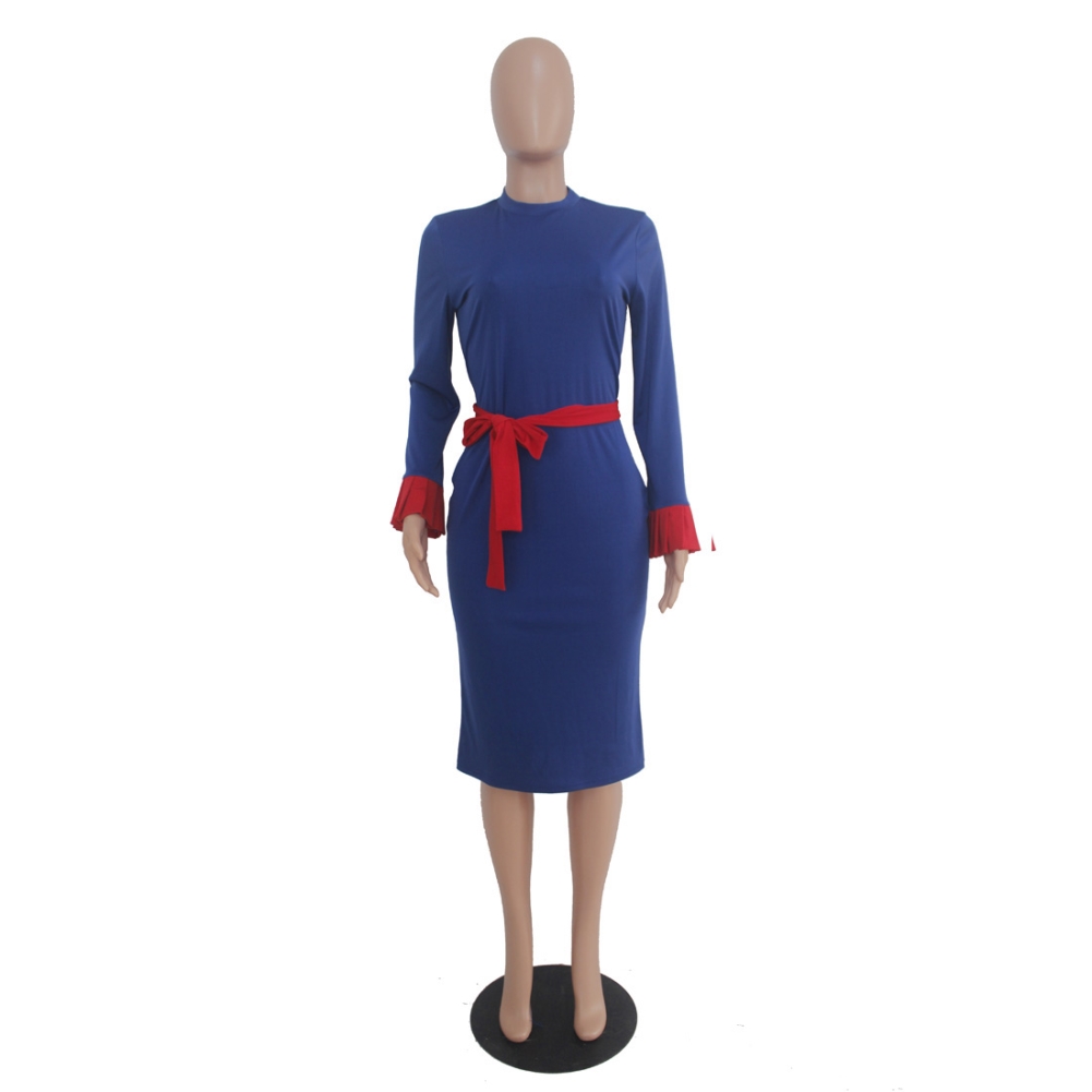 Dark Blue Office Pencil Dress with Contrast Cuff and Belt