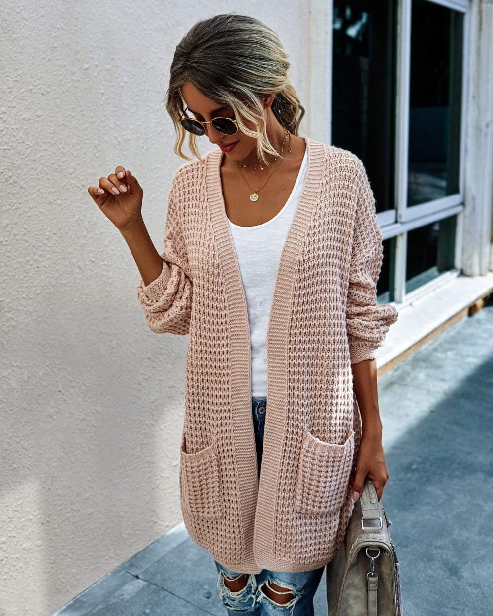 Autumn Plain Knitted Pocket Cardigans