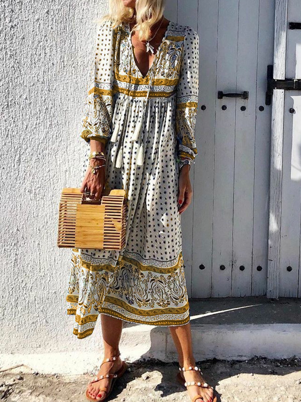 V-Neck Women Dresses Daytime Boho Paneled Dresses