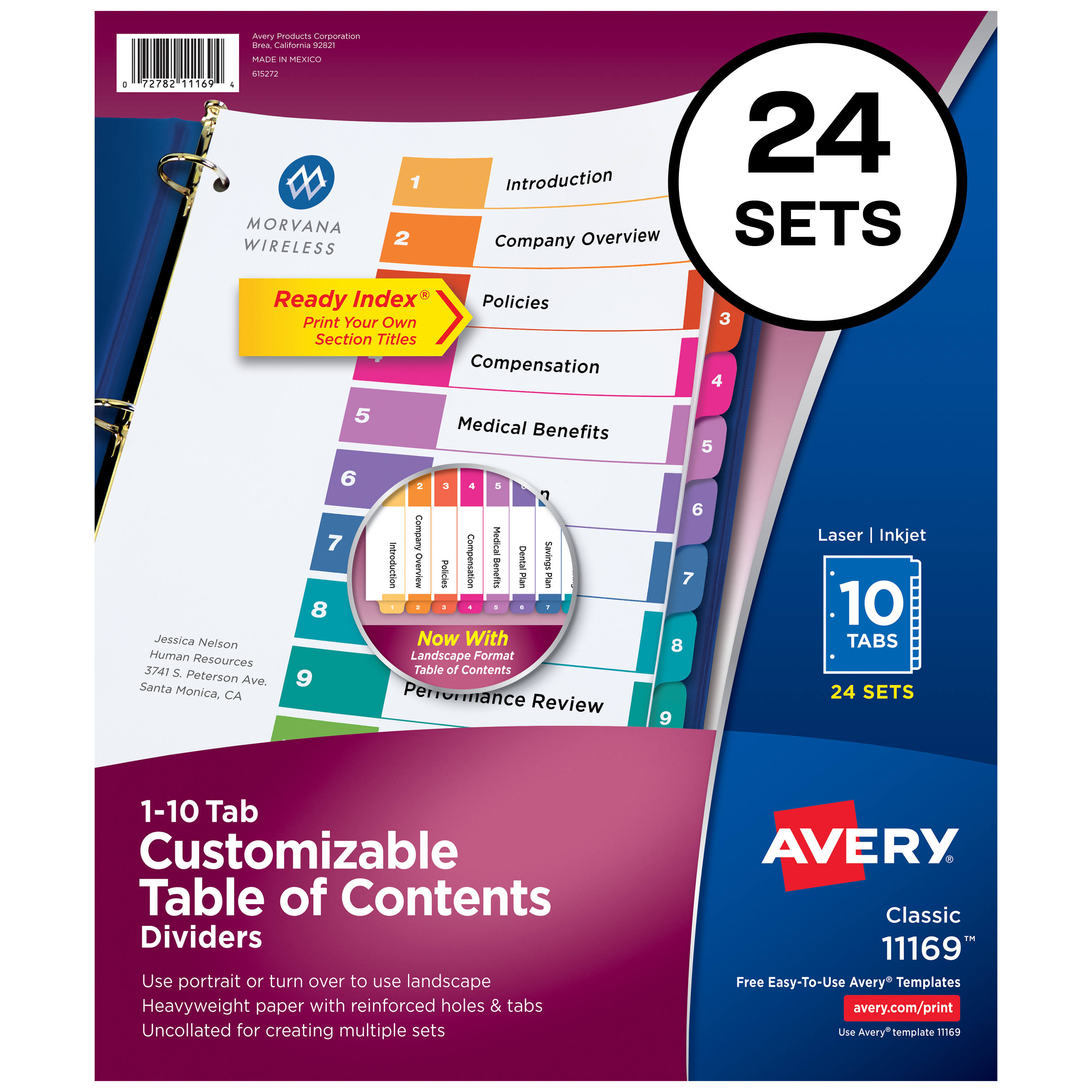 Avery Ready Index Table/Contents Dividers, 10-Tab, Assorted - 24 count