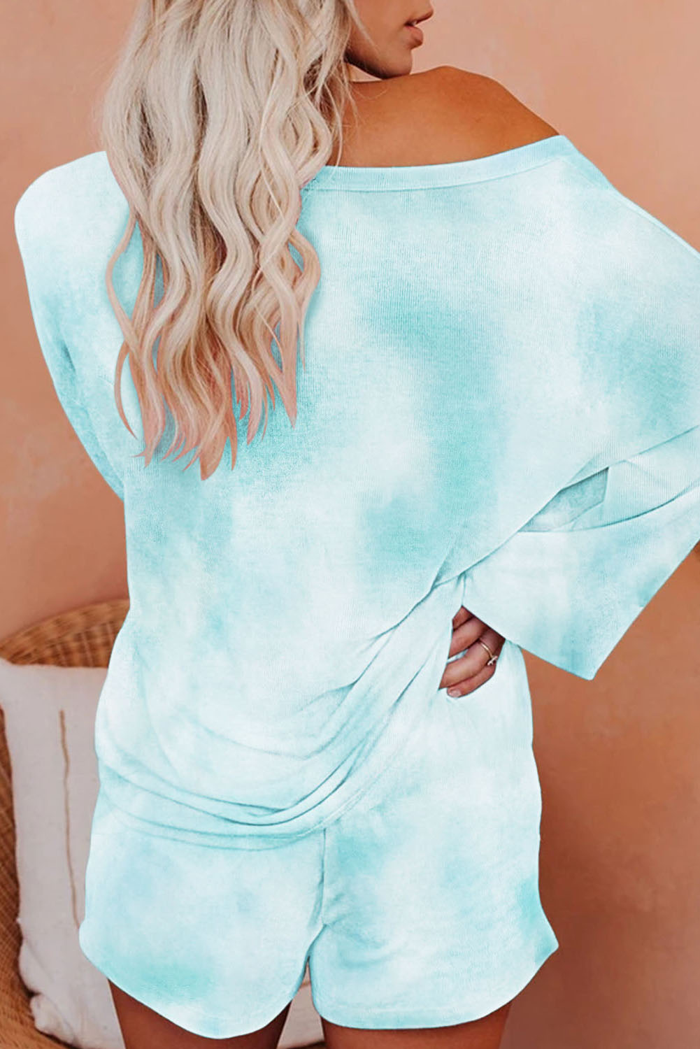 薄荷绿扎染印花长袖上衣抽绳短裤休闲家居服