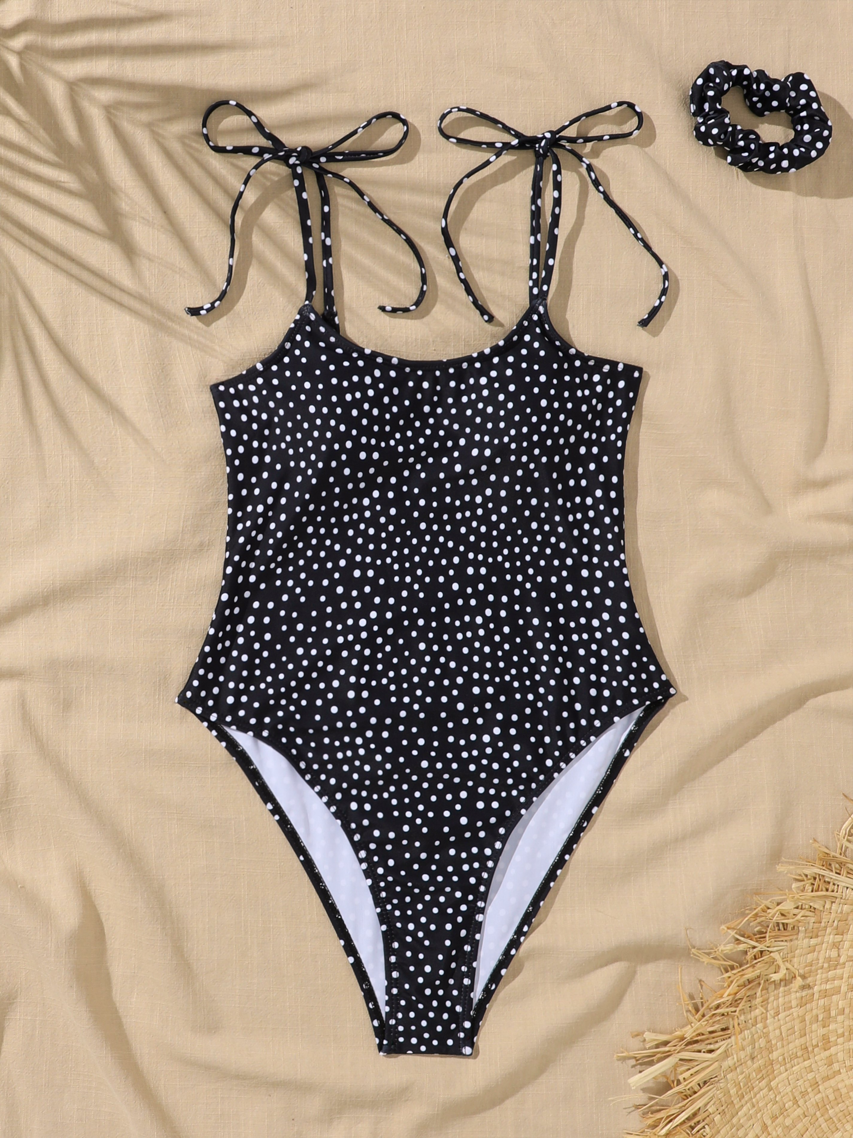 Polka Dot Print Tied Shoulder Swimsuit