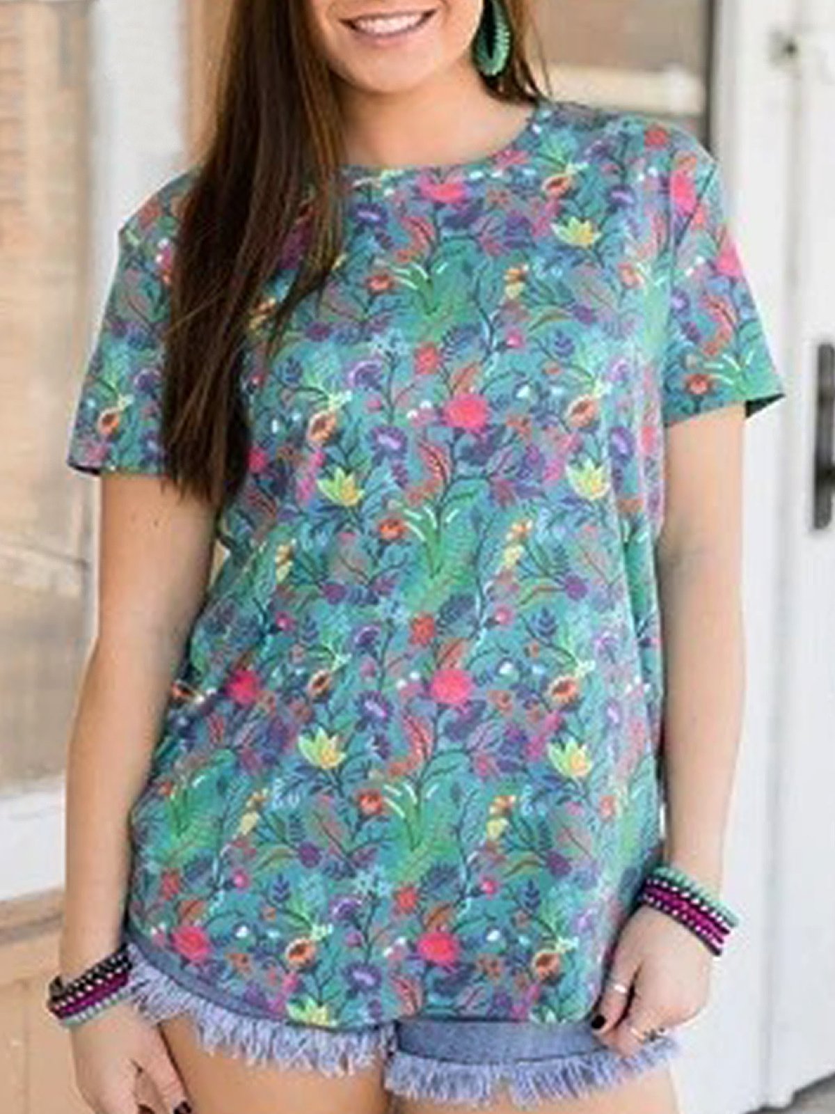 Short Sleeve Shift Crew Neck Casual Shirts & Tops