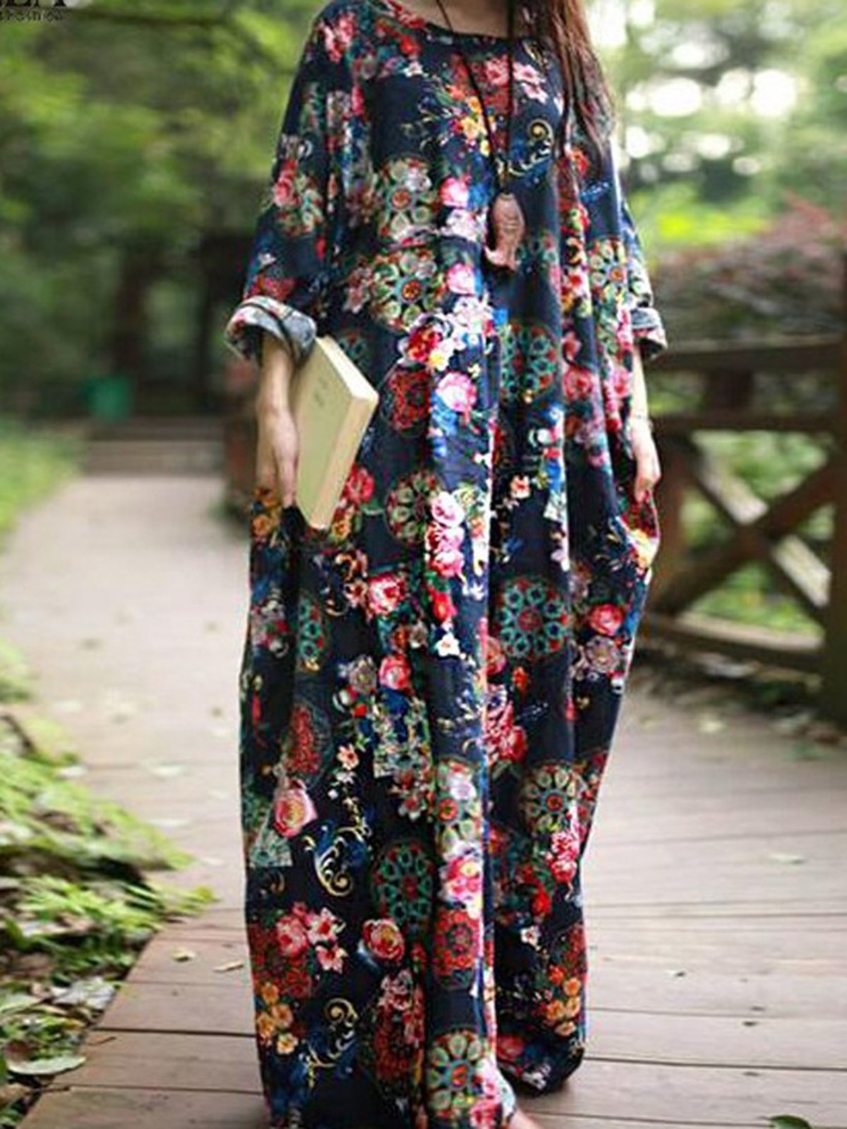 Crew Neck Long Sleeve Floral Printed Plus Size Dress