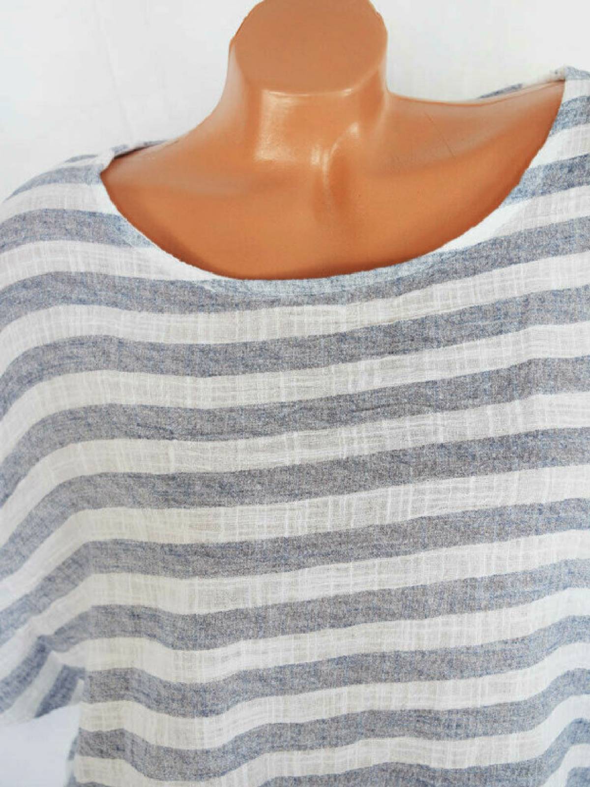 Blue Long Sleeve Cotton-Blend Round Neck Shirts & Tops