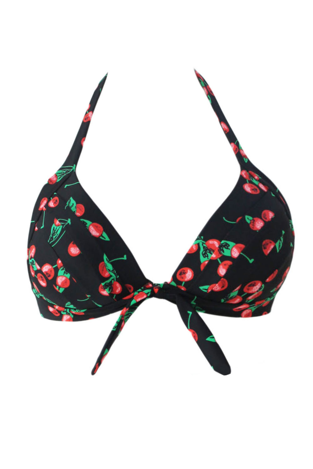 Cherry Print Black Retro Tie Front Bikini Top